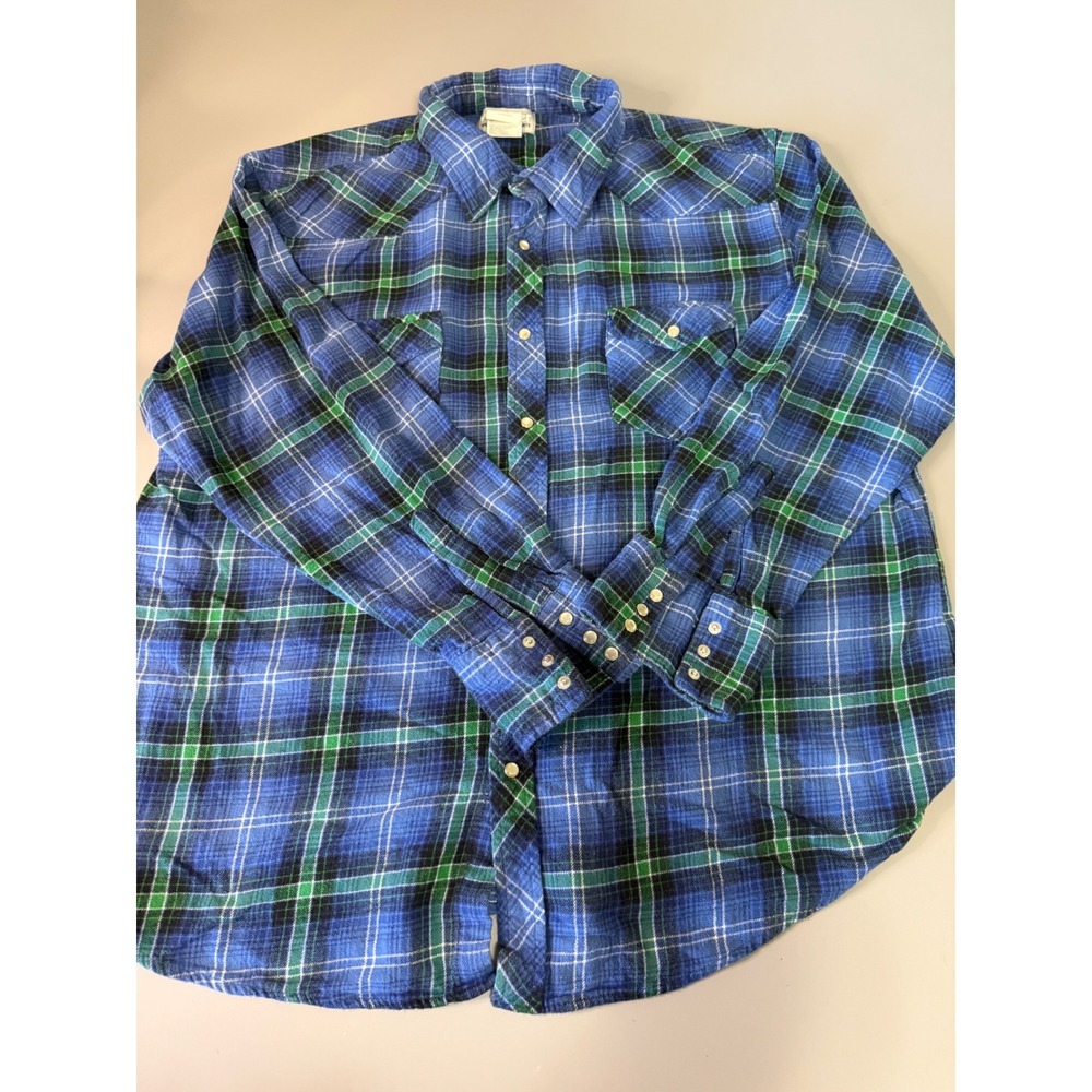 Wrangler Wrancher Mens XXL Blue Green Plaid Flannel Western Pearl Snap Shirt